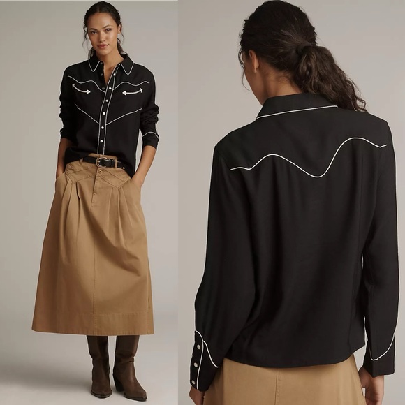 THE GREAT. Tops - The Great Western Shirt Black Cream Piped Pearl Snap Size 0 - XS